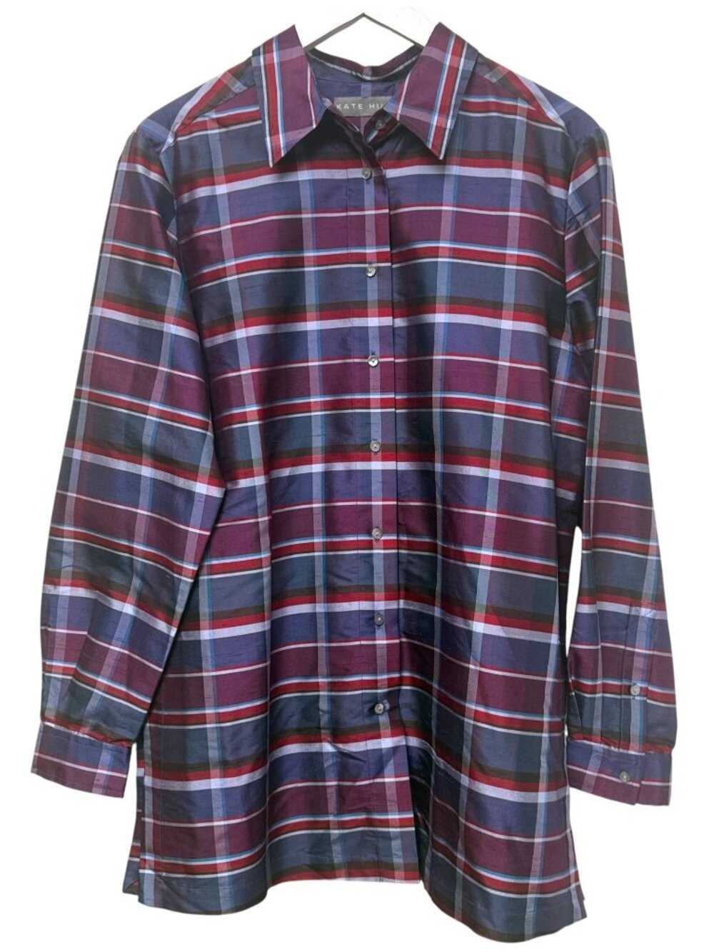 Kate Hill 100% Silk Tunic Blouse Size 10 Purple Blue Plaid Womens Top NWOT